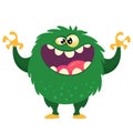 Happy cartoon monster with big mouth full of teeth. Vector green monster illustration. Halloween design.