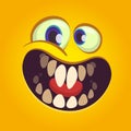 Happy cartoon monster face. Vector Halloween excited orange monster with big mouth smile.