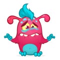 Happy cartoon monster. Halloween pink furry monster vector illustration.