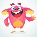 Happy cartoon monster. Halloween pink furry monster vector illustration.