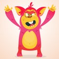 Happy cartoon monster. Halloween vector horned monster smiling. .