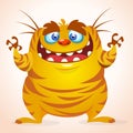 Happy cartoon monster. Halloween vector yellow striped monster.