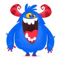 Happy cartoon monster with mouth open. Halloween vector blue monster.