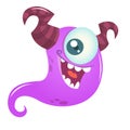 Happy cartoon monster with one eye. Vector Halloween illustration of purple ghost. Royalty Free Stock Photo