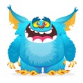 Happy cartoon monster smiling. Halloween vector blue monster.