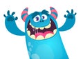 Happy cartoon monster. Vector Halloween blue furry monster yeti or bigfoot waving hands. Royalty Free Stock Photo