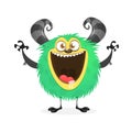 Happy cartoon monster. Vector Halloween green furry monster.