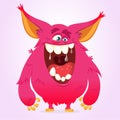Happy cartoon monster. Vector Halloween pink furry monster
