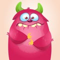 Happy cartoon monster. Vector Halloween pink furry monster.