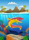 Happy Cartoon Mosasaurus Dinosaurs In Prehistoric Underwater scene Illustration Royalty Free Stock Photo