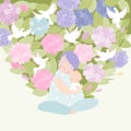 Happy Cartoon Mother hugging Baby in Hydrangea Flowers