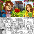 Happy cartoon nature scene with beautiful castle with beast prince and princess with coloring page - illustration Royalty Free Stock Photo