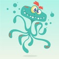 Happy cartoon octopus. Vector Halloween blue octopus character