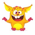 Happy cartoon orange monster. Halloween vector illustration of excited troll or gremlin character. Big set of cartoon monsters. Royalty Free Stock Photo