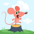 Happy cartoon pink mouse dancing on a tree stump in th meadow. Vector illustration .