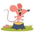 Happy cartoon pink mouse talking and standing on a tree stump in th meadow. Vector illustration isolated. Royalty Free Stock Photo