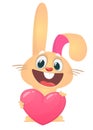 Happy cartoon rabbit holding a heart. St. Valentine`s Day. Vector illustration of a smiling bunny. Royalty Free Stock Photo