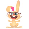 Happy cartoon rabbit wearing big eyesglasses waving hand. Vector illustration of smart bunny.