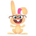 Happy cartoon rabbit wearing big eyesglasses waving hand. Vector illustration of smart bunny.