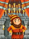 Happy cartoon scene with dwarf prince or king in castle room