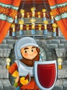 Happy cartoon scene with dwarf prince or king in castle room