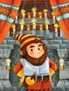 Happy cartoon scene with dwarf prince or king in castle room