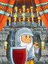 Happy cartoon scene with dwarf prince or king in castle room