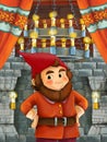 Happy cartoon scene with dwarf prince or king in castle room