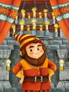 Happy cartoon scene with dwarf prince or king in castle room