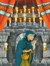 Happy cartoon scene with farmer woman witch sorceress or servant in castle room