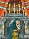 Happy cartoon scene with farmer woman witch sorceress or servant in castle room