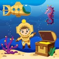 Happy cartoon scuba diver near found treasure box with gold on sea bottom Royalty Free Stock Photo