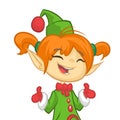 Happy Cartoon Smiling Blonde Girl Christmas Santa`s Elf. Vector illustration isolated on white.