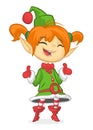 Happy Cartoon Smiling Blonde Girl Christmas Santa`s Elf. Vector illustration isolated on white. Royalty Free Stock Photo
