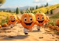 Happy cartoon of smiling pumpkins running in a pumpkin field. Ai generated
