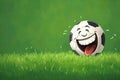 A happy cartoon soccer ball with big eyes rests on the thick green grass. Royalty Free Stock Photo