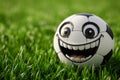 A happy cartoon soccer ball with big eyes rests on the thick green grass Royalty Free Stock Photo