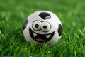 A happy cartoon soccer ball with big eyes rests on the thick green grass Royalty Free Stock Photo