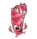 Happy cartoon strawberry milkshake character making a thumbs up