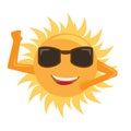 Happy cartoon style sun is smiling with sunglasses and saying hello