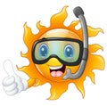 Happy cartoon sun character in diving mask giving thumbs up