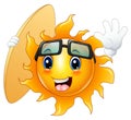 Happy cartoon sun character with surfboard Royalty Free Stock Photo