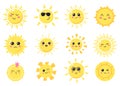 Happy cartoon sun. Hand drawn cute smiling suns, sunny happy characters, shining bright sun vector illustration symbols Royalty Free Stock Photo