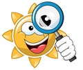 Happy cartoon sun looking magnifying isolated