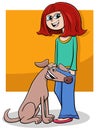 happy cartoon teen girl with funny dog character