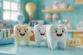 Happy cartoon teeth family in dental office. Generative AI Royalty Free Stock Photo