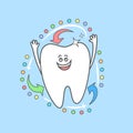 Happy cartoon tooth with colorful arrows and dots.