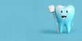 Happy cartoon tooth with a toothbrush on a blue background with copy space. Generative AI Royalty Free Stock Photo