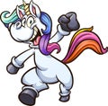 Happy cartoon unicorn jumping with fist up