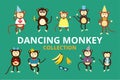 Happy cartoon vector monkey dancing party birthday